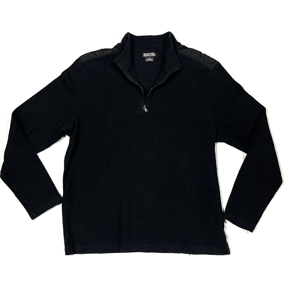 MICHAEL KORS Men's XL Black 1/4 Zip Pullover Cotton Sweater Pique Shoulder Panel